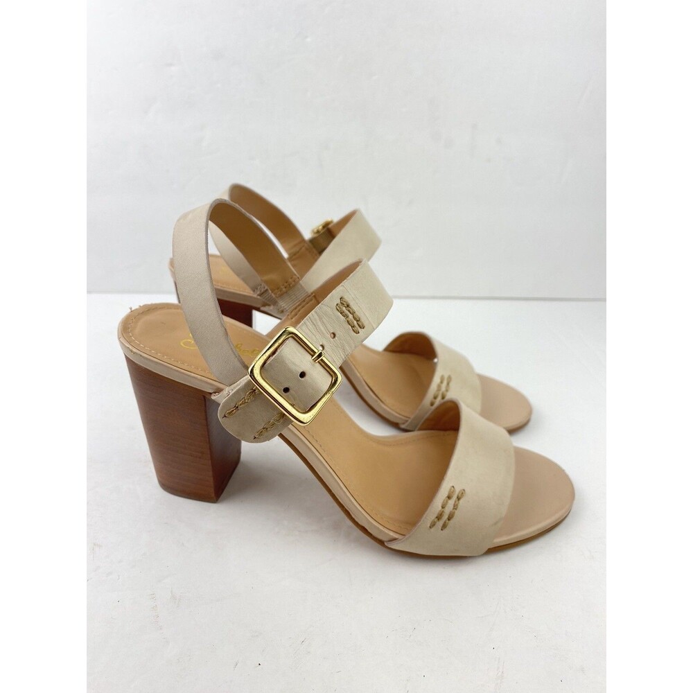 Seychelles Women’s 9 Nude Beige Leather Sling Back Open Toe Block Heel Sandal